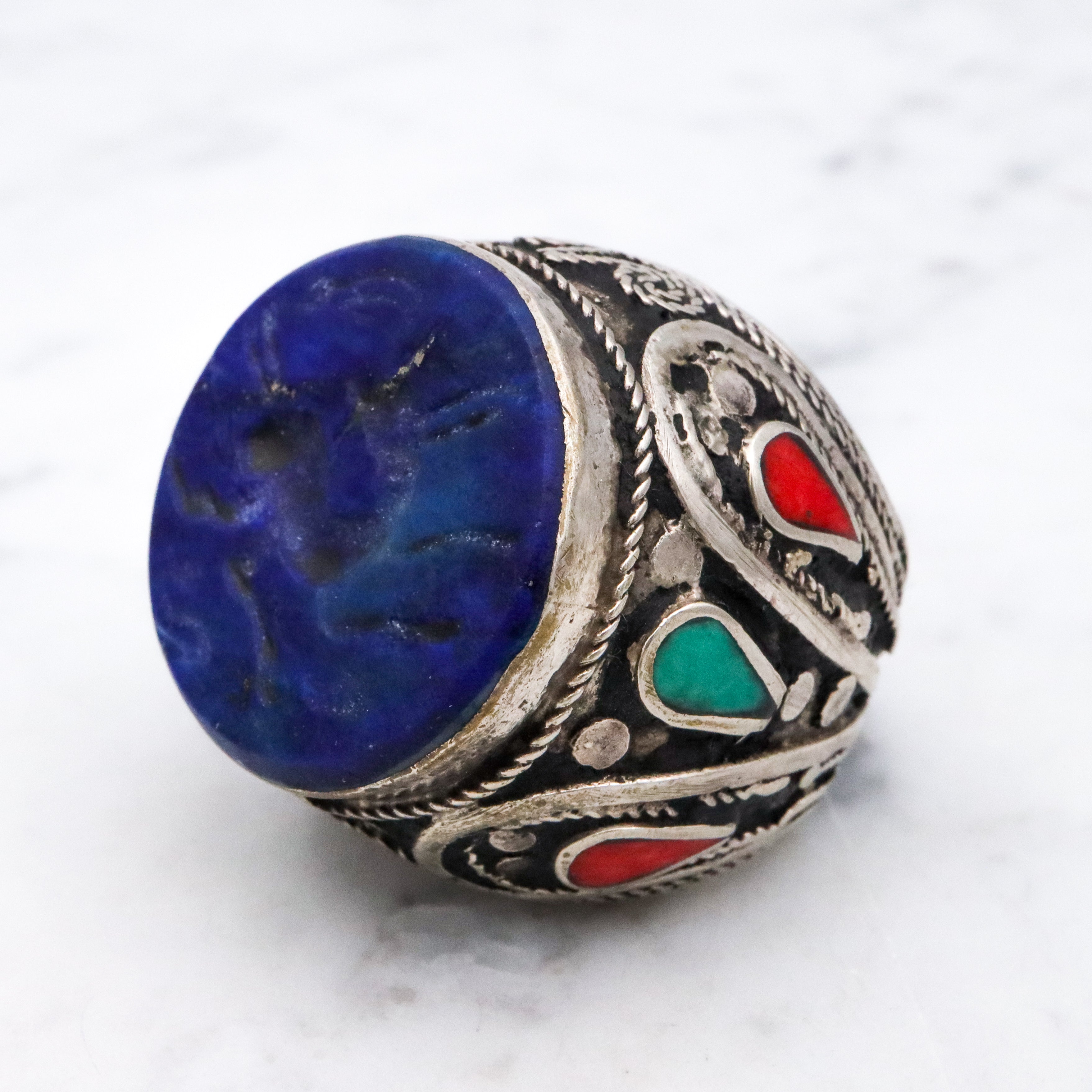Vintage Afghan tribal silver lapis intaglio ring, size 5.5